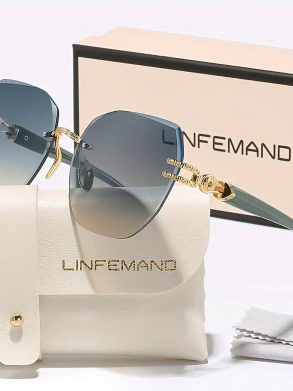 Women's Rimless Gradient Blue Sunglasses with Gold Accents